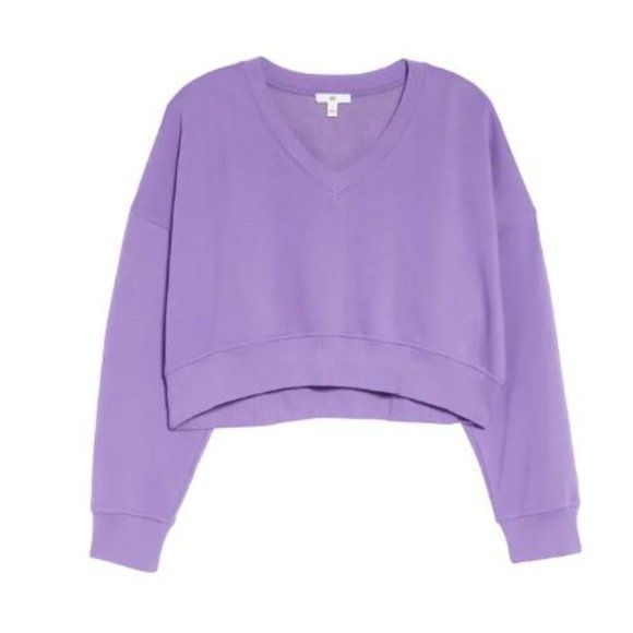 BP. V-Neck Crop Organic Cotton Blend Sweatshirt, Purple Dahlia - Picture 3 of 3
